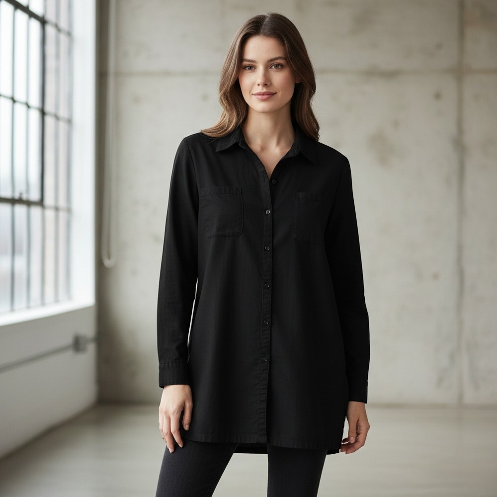 George L 12 14 Linen Tunic Top Black Button LS Minimalist Lagenlook Quiet Luxury
